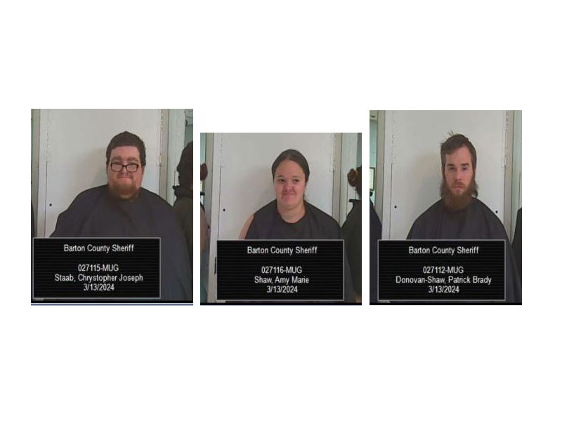 Arrested (L to R) were 26-year-old Chrystopher Joseph Staab of Hays, 26-year-old Amy Marie Shaw of LaCrosse and 25-year-old Patrick Brady Shaw of LaCrosse. (Photos by Barton County Sheriffs' Office)