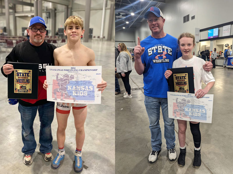 Russell Wrestling Club members (L to R) Xzephren Donner and Karsyn Hamlin each won state championships at the Kids Folkstyle State Wrestling Tournament in Topeka March 8-10, 2024. Also, each wrestler's father is in photograph. (Photos courtesy Russell Wrestling Club)