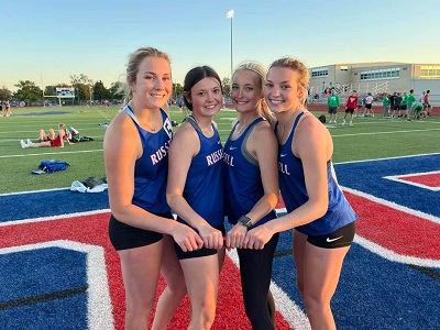 The Russell High School Girls 4x800 meter relay team which includes Kelvie Reeves, Anna Thielen, Jaden Ney and Kinsey Zorn broke a 34-year old school record at the MCL Track and Field meet on Thursday, May 9, 2024 at Shaffer Field in Russell. (Photo courtesy of Micky Zorn).