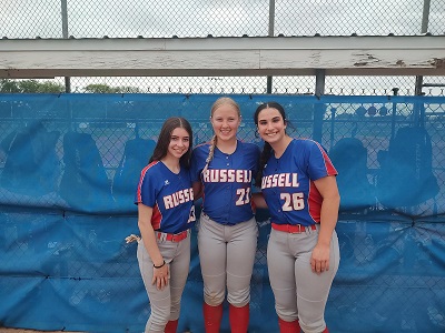 Russell-Victoria Senior Softball players (from left) Hannah Gideon, Harlee Donovan and Marissa Myers played their final home games as Lady Broncos on Tuesday, May 7, 2024 at Memorial Park in Russell.